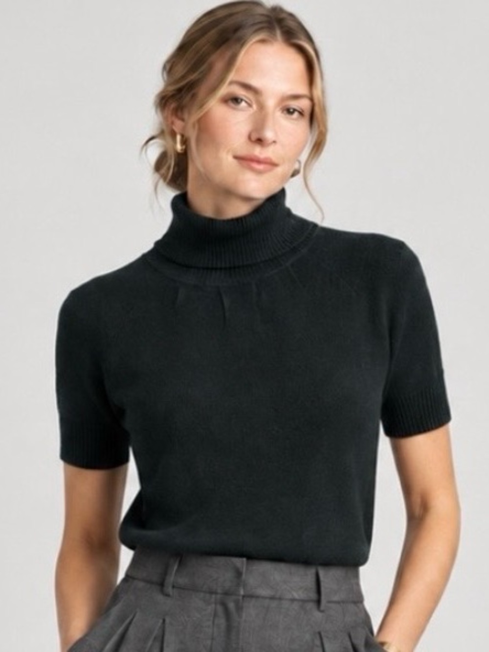 Pure Cashmere Black Short Sleeved Turtleneck M Classic Career Soft Old Money
